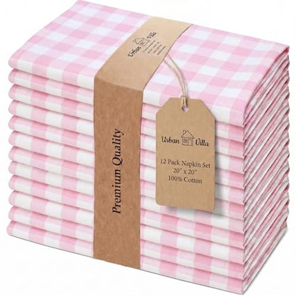Urban Villa Cloth Napkins Cotton 12x12 (Set of 12) Pink/White - color: 017 Pink/White Checks, size: 20" x 20" (Set of 12)