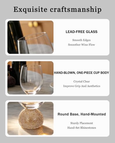 Stemless Fancy Wine Glasses Set of 4,Luxury Crystal Wine Glasses Hand Blown | 15 oz With Rhinestones Unbreakable,Perfect for Red or White Unique Wine Gifts for Women,Party,Birthday (Gold Clear) - color: Gold Red wine glass