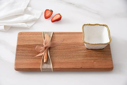 Pampa Bay Acacia Charcuterie Board with Porcelain White & Gold Dipping Bowl and Wood Spreader - color: White and Gold