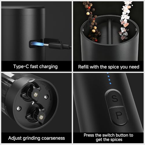 Electric Salt and Pepper Grinder Set Shakers 2 IN 1-Rechargeable Automatic Pepper Mill,with LED Lighting,Adjustable Grinder,Large Capacity-Ideal for Kitchen,BBQ,Ideal Kitchen Gifts (Black) - color: Black