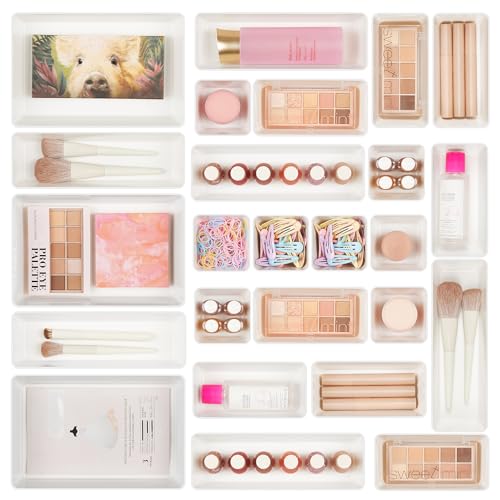 Vtopmart 25 Pack Plastic Drawer Organizers with Non-slip Rubber Pads | 4-Size Versatile Makeup Organizer, Storage Containers Small Bins for Makeup, Jewelries, Bedroom, Kitchen Utensils and Office - color: White