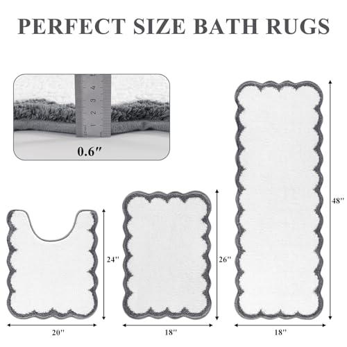 Pauwer Bathroom Rug Sets 3 Piece, Scalloped Bath Rugs, White and Dark Grey | Non Slip Washable Bath Mat With U-Shaped Toilet Rug, Extra Absorbent Quick Dry, For Floor Sink - color: White and Dark Grey