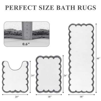 Pauwer Bathroom Rug Sets 3 Piece, Scalloped Bath Rugs, White and Dark Grey | Non Slip Washable Bath Mat With U-Shaped Toilet Rug, Extra Absorbent Quick Dry, For Floor Sink - color: White and Dark Grey