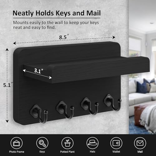 Nekon Key Holder Wall Mount, 8.5 Inch Small Wooden Wall Organizer, Black | Rustic Wall Shelf, Farmhouse Key and Mail Holder for Living Room Entryway Kitchen - color: Black