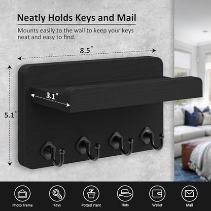 Nekon Key Holder Wall Mount, 8.5 Inch Small Wooden Wall Organizer, Black | Rustic Wall Shelf, Farmhouse Key and Mail Holder for Living Room Entryway Kitchen - color: Black
