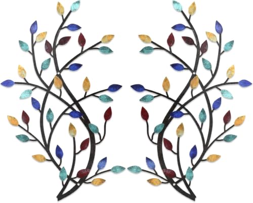 Meltset Metal Tree Leaf Wall Decor, Vine Olive Leaf Branch Wall Art, Wrought Iron Scroll Artwork, Decorative Wall Sculptures Above The Bed, Living Room, Hallway, Indoor and Outdoor（S/Blue） - color: Gem Blue, size: 15" L x 9.8" W