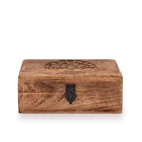 Handmade Mango Wood Tree of Life Engraving Beautifully Keepsake Box Jewellery Organiser Unique Gift Ideas for Men & Women (Flame Work Finish)