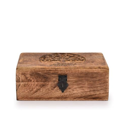 Handmade Mango Wood Tree of Life Engraving Beautifully Keepsake Box Jewellery Organiser Unique Gift Ideas for Men & Women (Flame Work Finish)