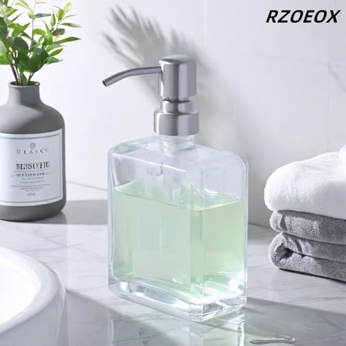 Clear Glass Soap Dispenser with Brushed Nickel Pump, 13.5 OZ Liquid Soap Dispenser Square with Stainless Steel Pump for Dish Hand Soap Bathroom Kitchen Vanity Countertop - color: Brushed Nickel, size: 13.5 oz