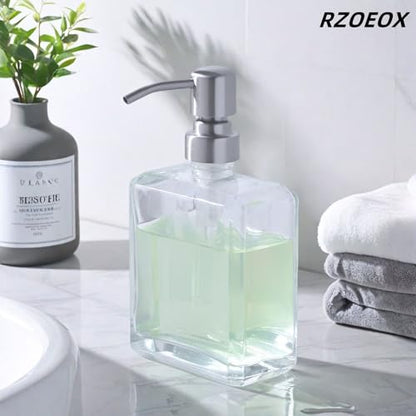 Clear Glass Soap Dispenser with Brushed Nickel Pump, 13.5 OZ Liquid Soap Dispenser Square with Stainless Steel Pump for Dish Hand Soap Bathroom Kitchen Vanity Countertop - color: Brushed Nickel, size: 13.5 oz