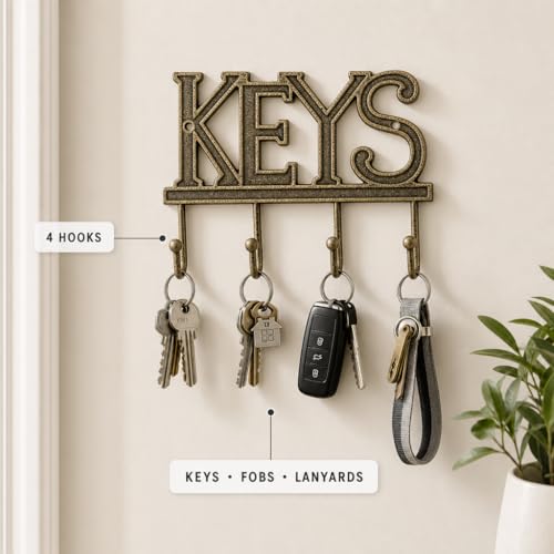 Comfify Gold-Black Cast Iron Key Holder for Wall – Keys Sign with 4 Hooks | Warm gold with black antique finish; mounting hardware included; entryway, hallway or door; 6"H x 8"L; holds 8 keychains - color: Gold with Black