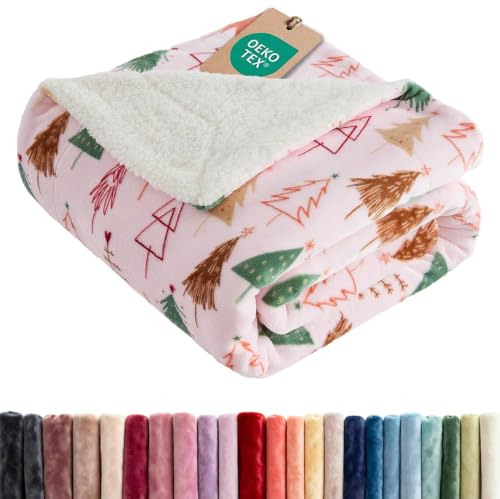 Christmas Sherpa Blanket Throw Size, Reversible Blanket - Pink Trees, 50x60 | Super Soft Double Sided Throw for Bed, Sofa, Couch, Reversible Sherpa Fleece Blanket, Thick, Warm, Plush, Xmas Winter Bedding - color: 02- Pink Trees