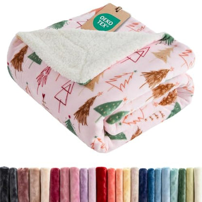 Christmas Sherpa Blanket Throw Size, Reversible Blanket - Pink Trees, 50x60 | Super Soft Double Sided Throw for Bed, Sofa, Couch, Reversible Sherpa Fleece Blanket, Thick, Warm, Plush, Xmas Winter Bedding - color: 02- Pink Trees