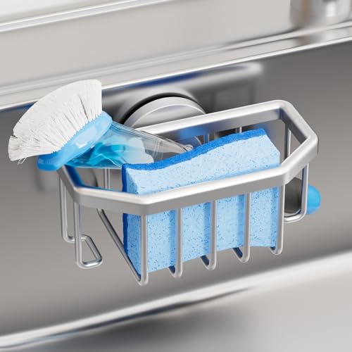 TAILI Sink Caddy with Strong Suction Cup, Sponge Holder for Sink-Silver | for Kitchen Sink Organizer, Removable Sponge Caddy Inside Sink, Rustproof Aluminum Holder for Sponges, Brushes, Scrubber - color: Silver, size: 6.1" x 3.5"
