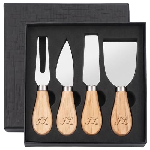 EDSG Personalized 4Pcs Cheese Knife Set, Stainless Steel Cheese Knives Set with Wooden Handle, Gifts for Birthday, Christmas, Wedding, House Warming, Charcuterie Accessories (Design 1) - color: Design 1