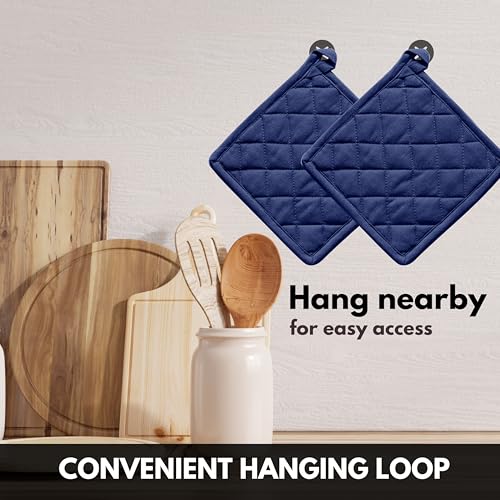 Oven Mitt (7"x13") & Pot Holder (8"x8") 100% Cotton Set of Heat Resistant Oven Gloves & Hot Pads for Gifts, BBQ, Cooking, Baking, Thanksgiving - Indigo Blue - color: Indigo Blue