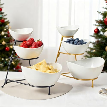 Gomakren 3 Tiered Serving Bowl Set, Chip and Dip Serving Set with Stand | Multi-Capacity Porcelain Bowls Holiday Party Display | Stable Serving Tray, Easy Store | for Fruit Appetizer Entertaining - color: Black Stand
