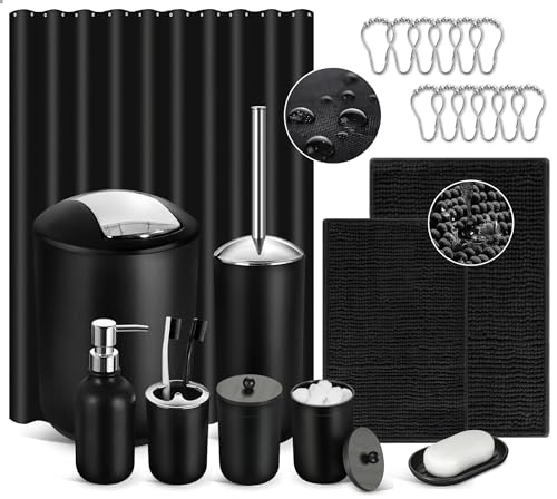 Black Bathroom Accessories Set, 22Pcs Bathroom Sets with Shower Curtain and Rugs, Bathroom Accessories Sets Complete with Trash Can, Non-Slip Bathroom Rugs Super Absorbent - color: Black+silver, size: 7Pcs Bathroom Set + Shower Curtain + 2Pcs Rugs
