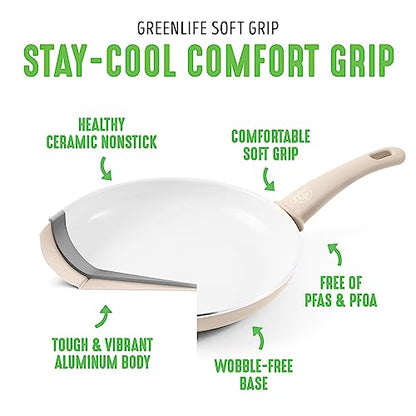 GreenLife 16 Piece Ceramic Nonstick Pots & Pans Cookware Set, Taupe | PFAS-Free Nonstick Coating, Stockpot, Frying Pans, Saucepans, Sauté Pan, Stay-Cool Handles, Dishwasher & Oven Safe up to 350F - color: Taupe, style: Soft Grip
