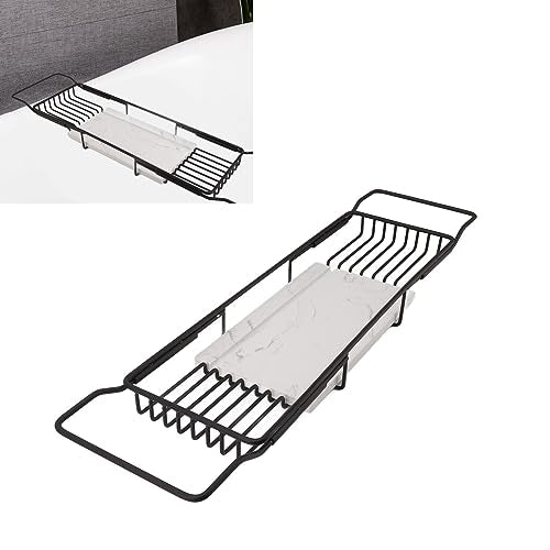 Marhynchus Metal Marble Bathtub Rack, Bathtub Caddy Tray Stainless Steel Shower Caddy Tray with Extending Sides, Bathroom Trays (Black White) - size: Black White