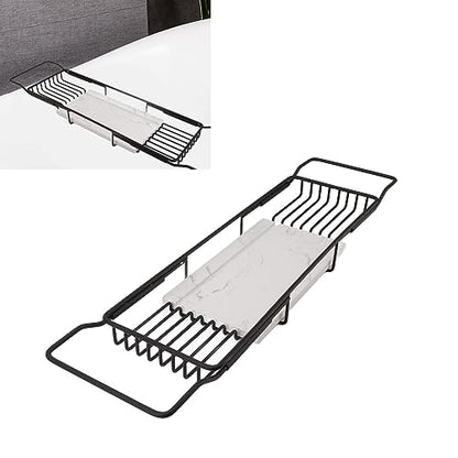 Marhynchus Metal Marble Bathtub Rack, Bathtub Caddy Tray Stainless Steel Shower Caddy Tray with Extending Sides, Bathroom Trays (Black White) - size: Black White