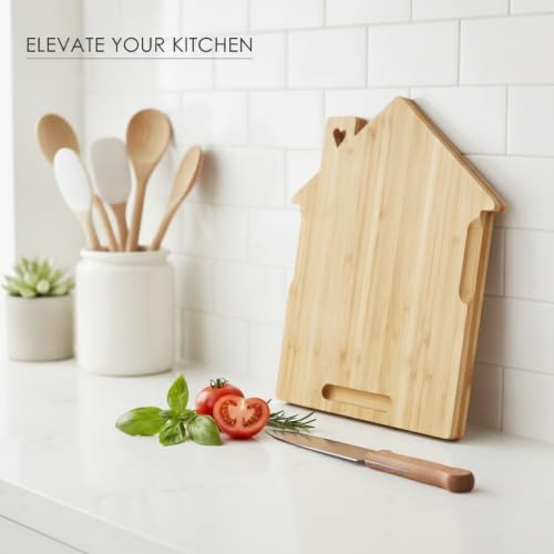 Solid Natural Bamboo Cutting Board, House-Shaped Wood Chopping Block for Kitchen Prep and Serving with Hanging Hole, 9.8 x 11 Inches