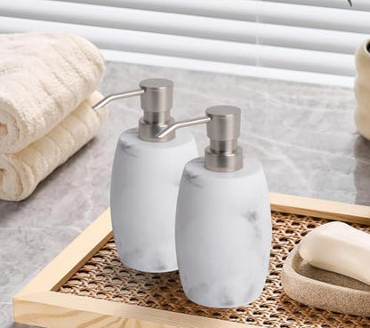 Clasin Home Resin Soap Dispenser Set 2, Refillable Hand Soap Dispenser with White Marble Look and Metallic Pump, Kitchen, Bathroom, Waterproof Labels (12 Oz) - color: White_2 Pcs