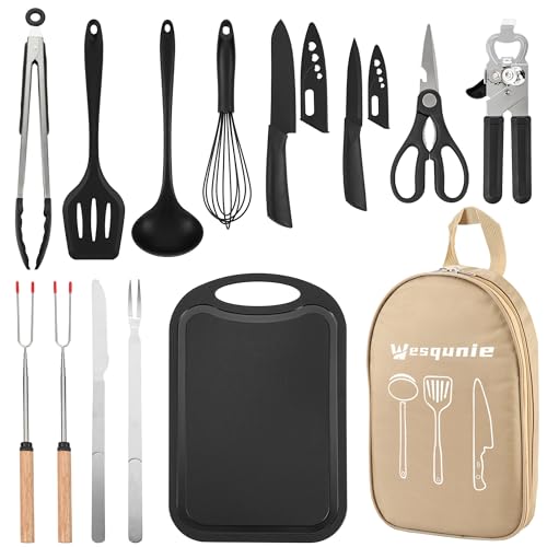 Wesqunie Camping Cooking Utensils Set, Cookware Set for Outdoor Hiking BBQ | Stainless Steel & Silicone Mess Kit, Durable Outdoor Kitchen Gear for Hiking, RV, Picnic Grill & Travel Camping Meal Prep - color: 14PCS Khaki