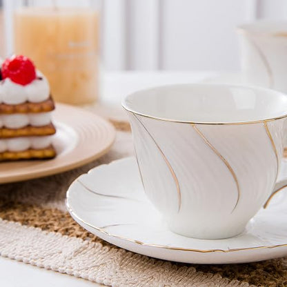 Agyiuns 6 Sets 6oz Porcelain Tea Cups Saucers，White with gold thread Tea Cups for Tea,Coffee - color: White with gold thread-set of 6