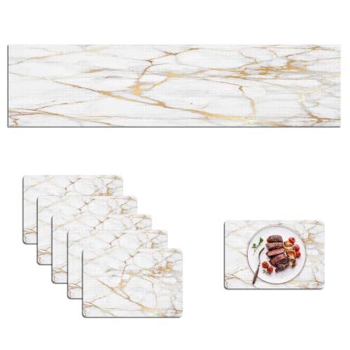 Mcalk Luxury Gold Marble Table Runner and Placemats Set of 6 Pieces, Gold Marble Placemats, Modern Cloth Place Mats Indoor for Kitchen,Washable Linen Material for Dining Table - color: 02marble Luxury Gold