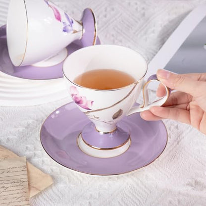KAMMAK Ceramic Coffee Cups Saucers Set of 2, Porcelain Espresso Cups with Saucers, 8.12 oz Handcrafted Elegant Bone China Tea Cups, Purple Hibiscus & Iris Flower Pattern Teacup for Party, Office, Gift - color: Strolling in the Flower Garden (Hibiscus + Ir