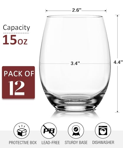 OJA Wine Glasses Set, Crystal Stemless Red Wine Glass, Set of 12, 15 oz | No Stem, Clear, Sturdy Drinking Glass for White Wine, Daily Use, Birthday, Wedding, Home Party, Anniversary, Shower Gift - style: Set of 12-15 oz