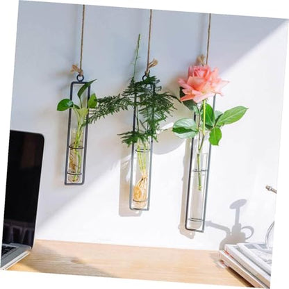 CALLARON 3 Kits Hanging Hydroponic Test Tube Vase Set with Iron Frame, Glass Plant Propagation Containers, Wall-mounted Flower Holders for Indoor and Garden Decoration