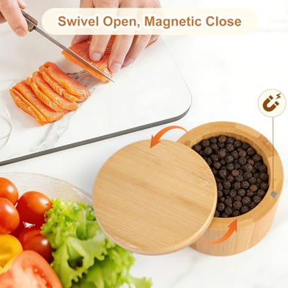 Salt Holder with Lid, Bamboo Salt Container, Salt Cellar with 360° Swivel Lid for Countertop to Store Pepper Spice, Premium Solid Salt Box Holder on Your Kitchen, 6 Oz by Pniimoo
