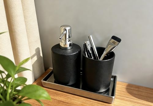 Bathroom Soap Dispenser Set with Tray 3-Piece Countertop Organizer （Black） | Countertop Organizer, With Tray, Pump Dispenser and Cup Black patterned ceramic products - color: Black Texture