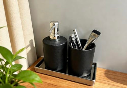 Bathroom Soap Dispenser Set with Tray 3-Piece Countertop Organizer （Black） | Countertop Organizer, With Tray, Pump Dispenser and Cup Black patterned ceramic products - color: Black Texture