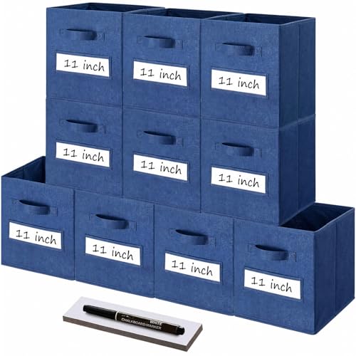 Storage Bins,11" Cube Storage Bin with Labels,10pcs,Navy Blue | Fabric Storage Cubes for Shelves,11 Inch storage cube bins with 10 Labels Window Cards & a Pen. - color: Navy Blue, size: 11"