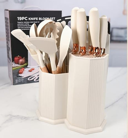 Kitchen Cooking Utensils and Knife Set with Holder Block, 19 Pieces Cooks Cutting Set 11 Pcs Silicone Cooking Utensils Sharp Stainless Steel Knives Scissors Whisk Tongs and Cutting Board (Beige) - color: Beige