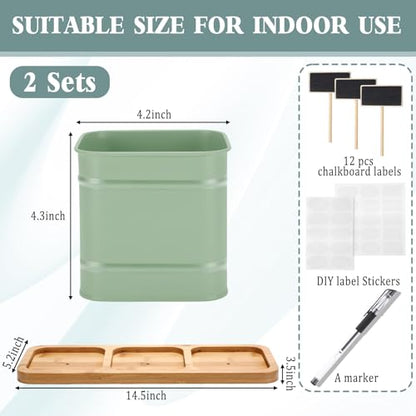 LemonRoad 6 Pcs Indoor Herb Planter Window Herb Pots for Kitchen with Drainage Hole and Bamboo Tray Farmhouse Metal Garden Planter Pot with DIY Label Mom Plant Gift(Sage Green,Square) - color: Sage Green