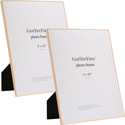 8x10 inch Gold Metal Picture Frames 2-Pack with High-Definition Tempered Glass - Thin Edge with Beading, Velvet Back, Tabletop & Wall Mount, Minimalist Design - color: Gold, size: 8x10''(2PK)