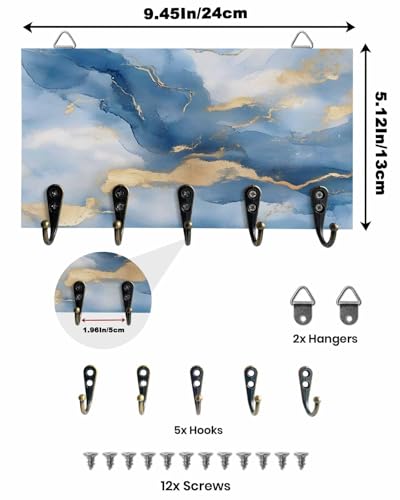 Key Holder for Wall Blue Marble Decorative Hanging Key Rack Wall Mount with 5 Hooks Golden Ripple Abstract Art Organizer Wall Decor for Entryway Front Door Kitchen 9.4x5in