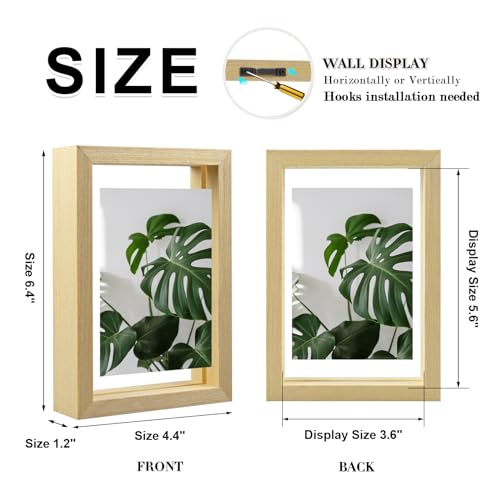 Egofine 4x6 Floating Frames Set of 2, Double Plexiglass Picture Frame, Made of Solid Wood Display Any Size Photo up to 4x6, Wall Mount or Tabletop Standing, Natural Wood - color: Natural Wood, size: 4x6