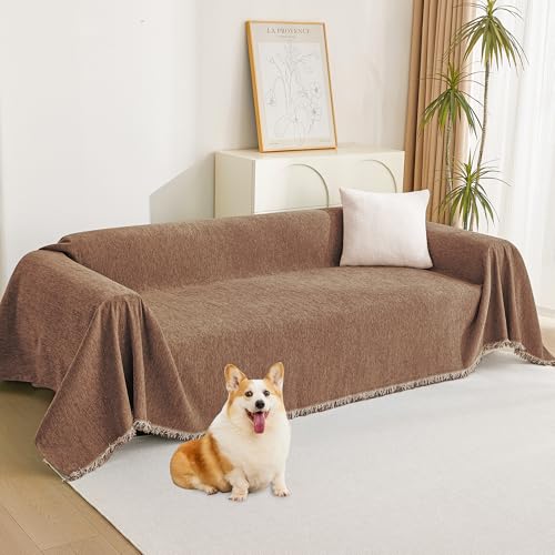 MYSKY HOME Couch Covers for 2 Cushion Couch Sectional Sofa, L Shape Sofa Protector Camel Chenille Couch Cover, Sofa Covers Washable Blanket with Tassel Pet Couch Cushion Cover, 71"X102" - color: Tassels Edge-camel, size: 71" x 102"