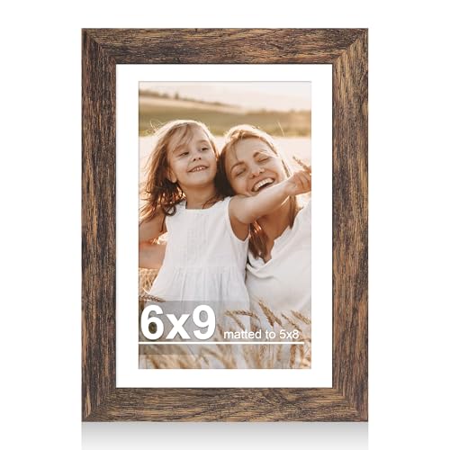Hongkee 6x9 Picture Frame with Real Glass Wood Frame, 1 Pack (with Mat 5x8) | Rustic Brown, Display 6 x 9 No Mat for Wall and Tabletop for Photos, Artwork; Fits Home, Office & Gallery Wall Decor - color: Rustic Brown, size: 6X9 in