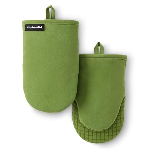 KITCHENAID Gourmet Series Gridlines Mini Oven Mitts 2-Pack Set, Heat Resistant up to 600°F, Soft Silicone Grip, Magnetic Cuff, Matcha Green, 5.5"x9" - color: Matcha Green