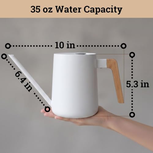Metal Small Indoor Watering Can with Long Spout & Real Wood Handle, 35oz | Long Spout, Stainless Steel, Real Wood Handle, Gentle Flow, No Spills, Suitable for House Plants, Succulents & Seedlings - color: White