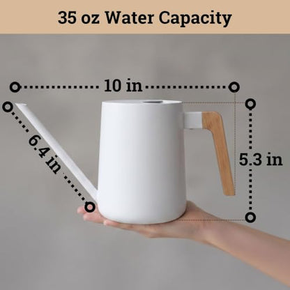 Metal Small Indoor Watering Can with Long Spout & Real Wood Handle, 35oz | Long Spout, Stainless Steel, Real Wood Handle, Gentle Flow, No Spills, Suitable for House Plants, Succulents & Seedlings - color: White