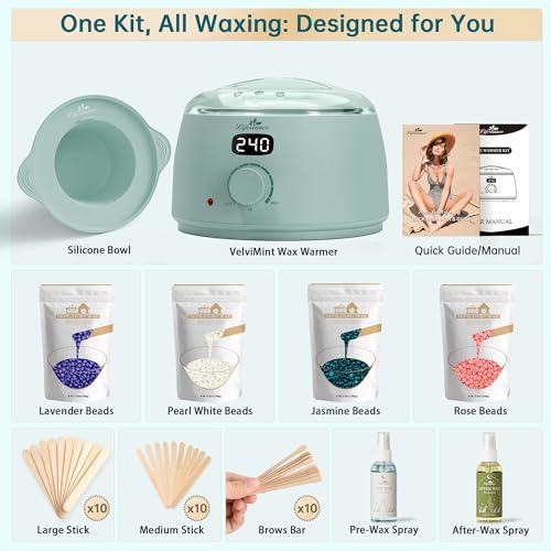 Lifestance Waxing Kit for Women & Men - L3 VelviMint Digital Warmer | Silicone Wax Pot Liner, Hair Removal Kit with 14.1oz Hard Wax Beads & Oil Spray, Professional for Brazilian Bikini Face Leg - color: Chic Enhanced LCD (VelviMint) Kit