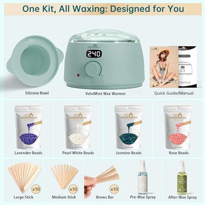 Lifestance Waxing Kit for Women & Men - L3 VelviMint Digital Warmer | Silicone Wax Pot Liner, Hair Removal Kit with 14.1oz Hard Wax Beads & Oil Spray, Professional for Brazilian Bikini Face Leg - color: Chic Enhanced LCD (VelviMint) Kit