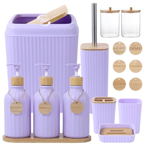 Light Purple Bathroom Accessories Set 17PCS Bathroom Set with Trash Can 3PCS Lotion Soap Dispenser, Toothbrush Holder, Soap Dish,Tumbler Cup,6PCS Wood Tags Bath Accessories with Tray for Bathroom - size: Bath Set, style: Light Purple